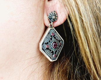 Handmade Byzantine earrings with garnet gemstones in silver 925