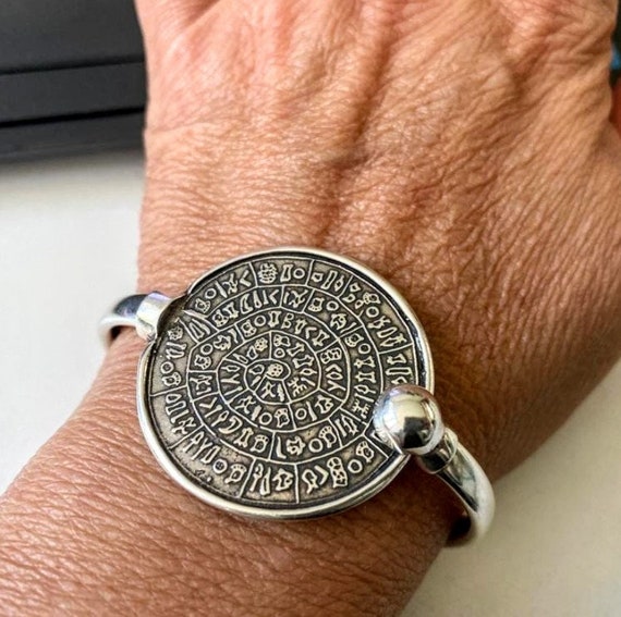 Sterling Silver Phaistos Disc Bracelet, Ancient Greek Minoan Symbol Cuff, Historical Bangle