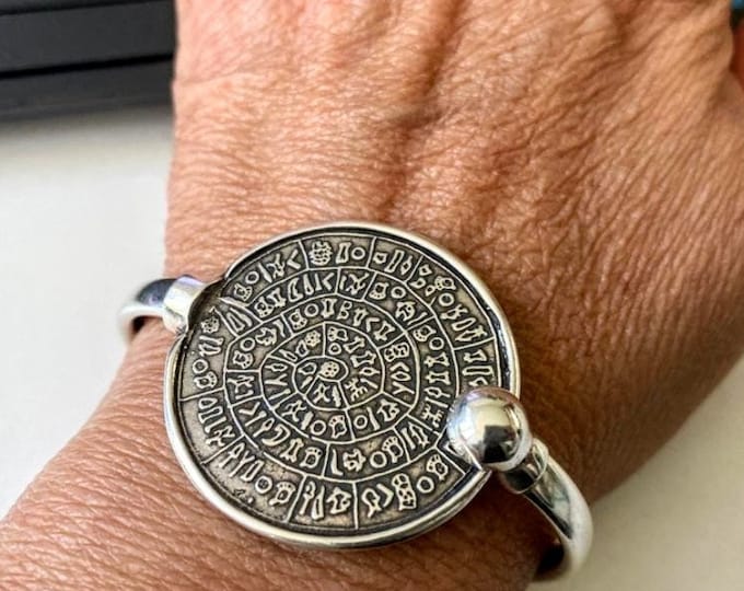 Disc of Phaistos bracelet in sterling silver 925, Ancient Greek calendar, silver torque bracelet