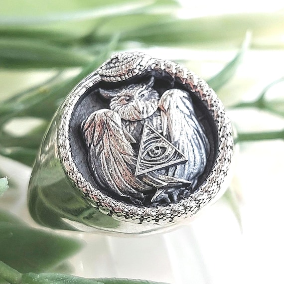 Illuminati ring with ouroboros snake and owl in sterling silver 925