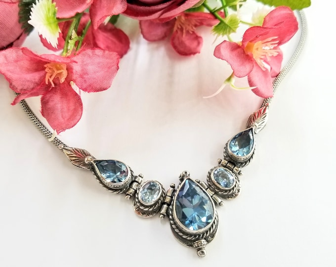 Vintage Style Sterling Silver Blue Topaz Necklace with Handwoven Chain