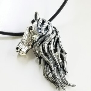 Majestic Silver Stallion: Handcrafted horse head pendant on black leather cord