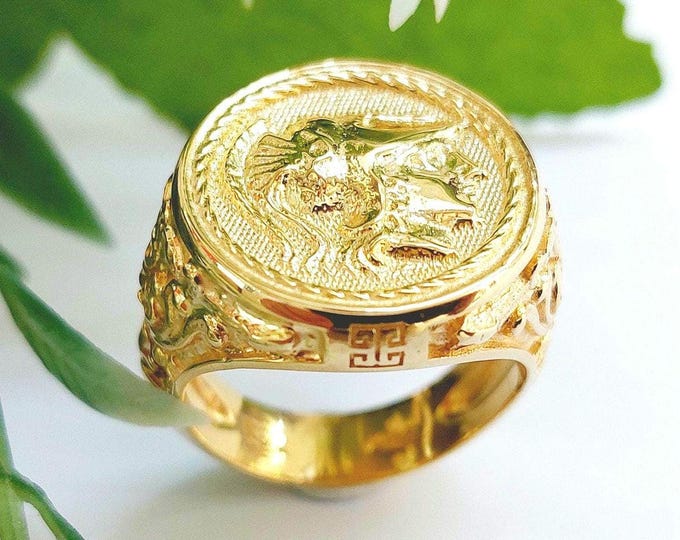 Athena Coin Signet Ring, Gold-Filled Sterling Silver 925, Greek Mythology Jewelry, Intricate Detailed shank, Goddess Athena signet ring