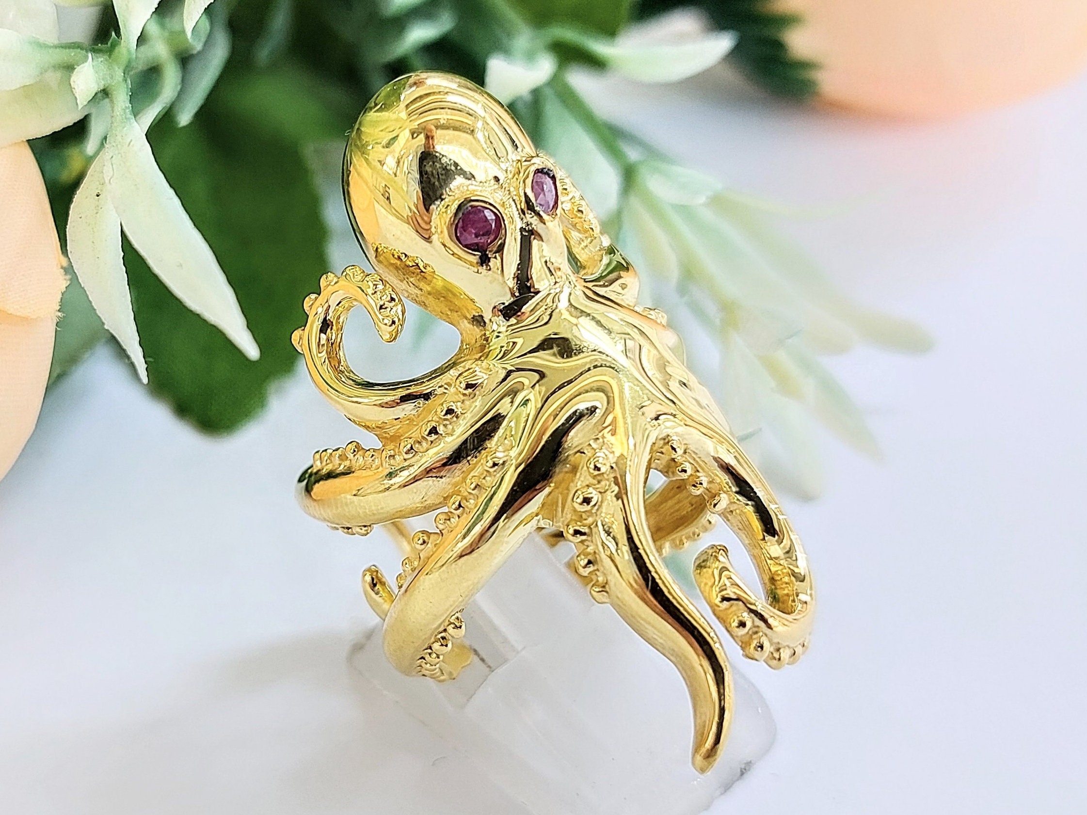 Octopus Ring in K14 Gold With Gemstone Eyes Gold Kraken Ring