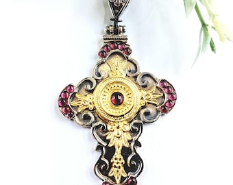 Handmade Byzantine Cross in Sterling Silver with Garnets and Gold plated inlay.