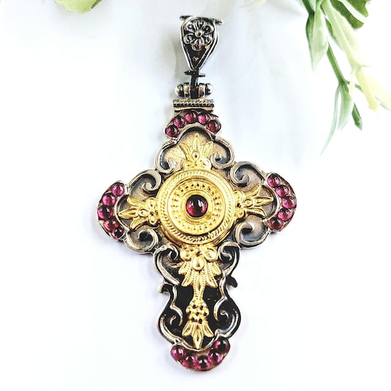 Handmade Byzantine Cross in Sterling Silver with Garnets and Gold plated inlay.