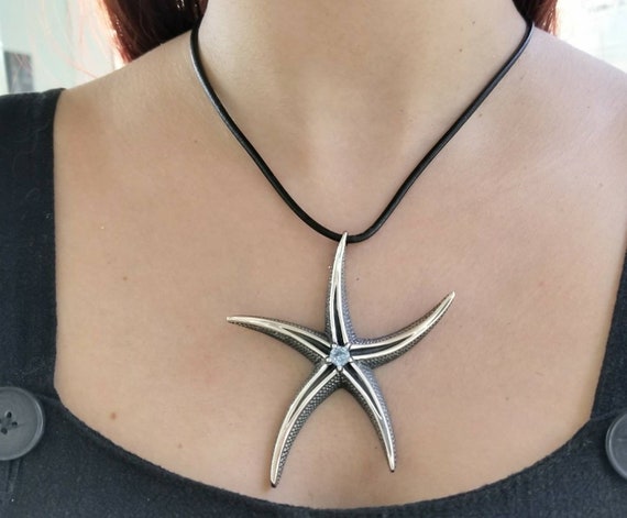 925 Sterling Silver Starfish Nautical Vacations Pendant Necklace for Ladies 17" 