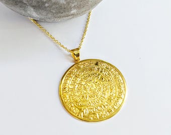 Disc of Phaistos necklace in k14 gold, ancient Greek calendar jewelry