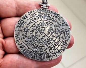 Sterling silver disc of Phaestos pendant, long symbolic Greek necklace