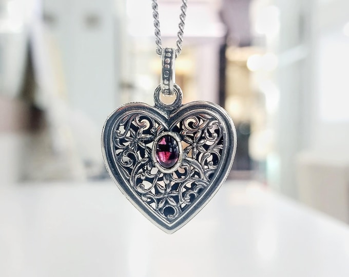 Sterling Silver Heart Pendant with Garnet Gemstone, Perforated Design Necklace with Rhodium Plated Chain