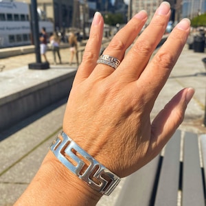 Elegant Greek key Cuff Bracelet in sterling silver 925, wide meander bracelet, geometric symbol