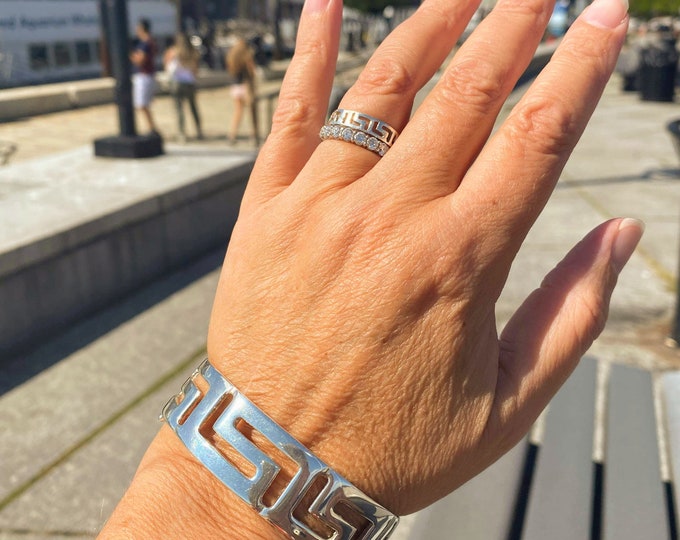 Elegant Greek key Cuff Bracelet in sterling silver 925, wide meander bracelet, geometric symbol
