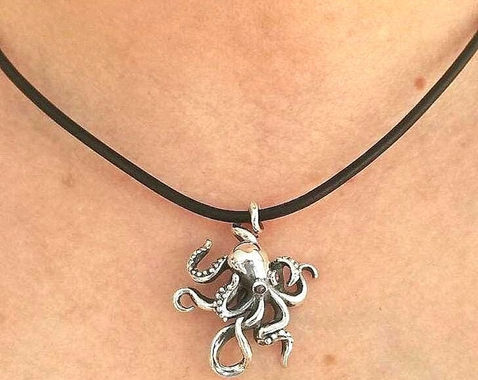 Sterling Silver Octopus Pendant for Ocean Lovers on black leather chord