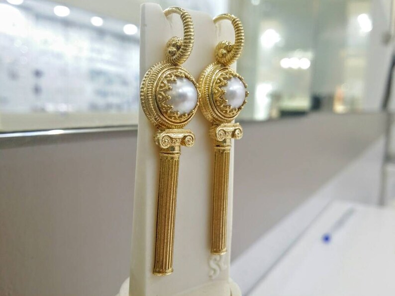Pearl earrings in sterling silver 925 with Greek column image 3