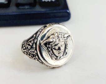 Sterling Silver Medusa Signet Ring, Greek Mythology Jewelry, Ethnic Engraved Men's Ring, 925 Silver Round Mythical Creature Ring
