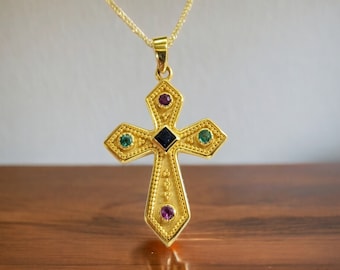 Elegant 9ct Gold Cross Necklace with Precious Gemstones