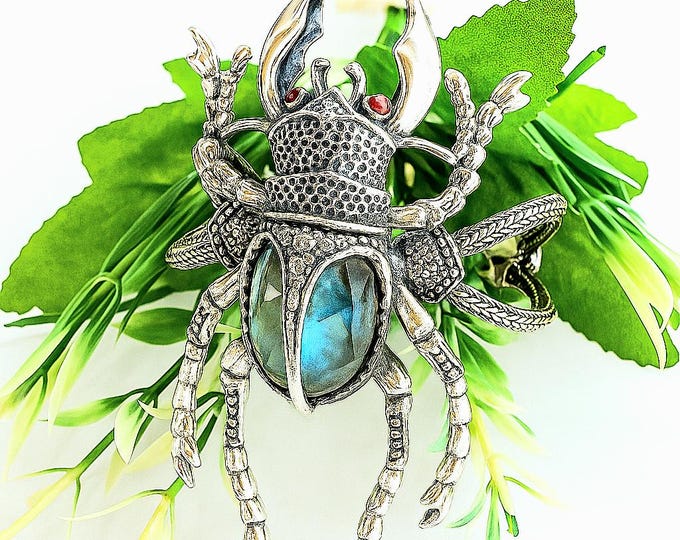 Sterling Silver Scarab Bracelet with labradorite doublet gemstone, Beetle Jewelry