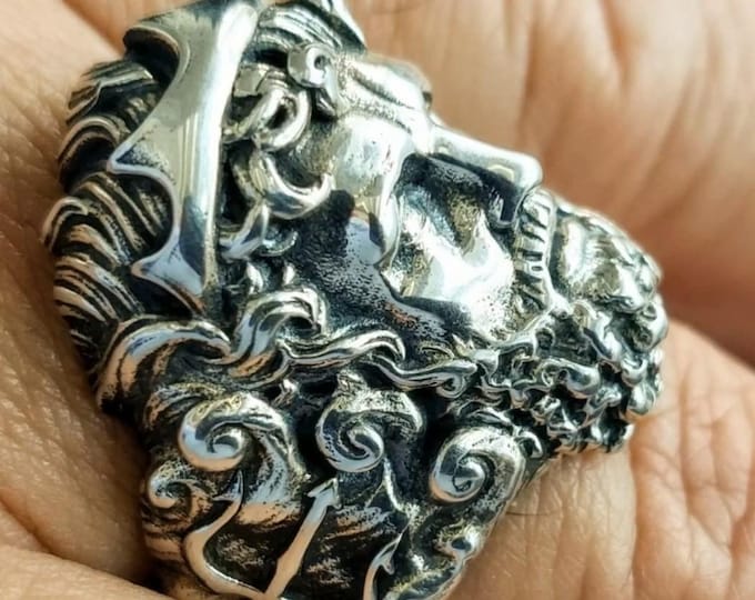 Handcrafted Poseidon Ring in sterling silver 925, Greek Mythology God of the Seas, silver ring for ocean lovers