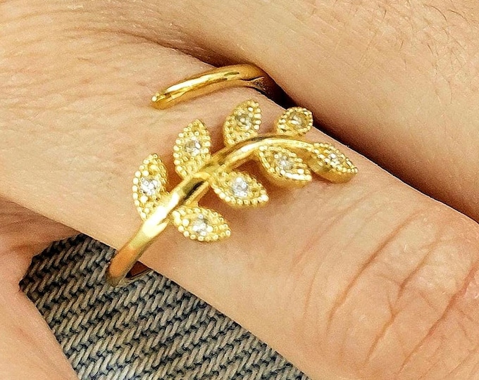 Handmade 14k Gold Olive Branch Ring, Adjustable Olive Leaf Ring with Cubic Zirconia, Jewelry Gift for Her, Nature-Inspired Ring