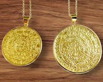 Disc of Phaistos necklace in k14 gold, ancient Greek calendar, symbolic gold necklace