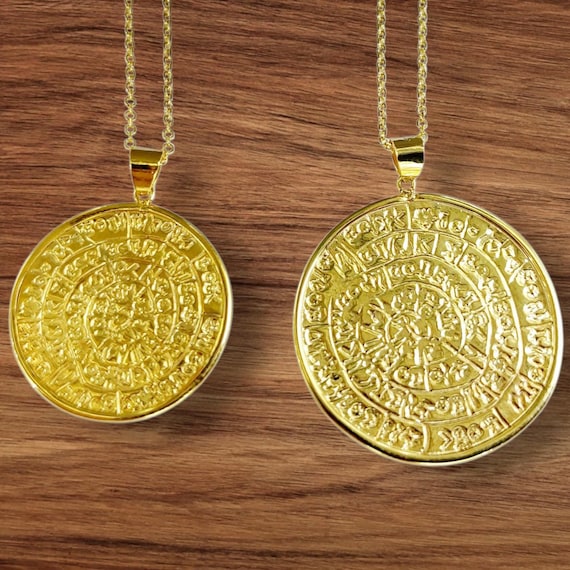 Disc of Phaistos necklace in 14K gold, ancient Greek calendar