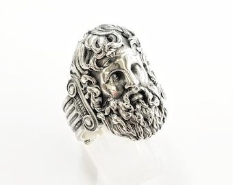 Sterling Silver Zeus Ring, Greek God Jewelry, Zeus Head  with Ionic Columns, Ancient Greek Mythology Statement Ring, Men's Silver Ring