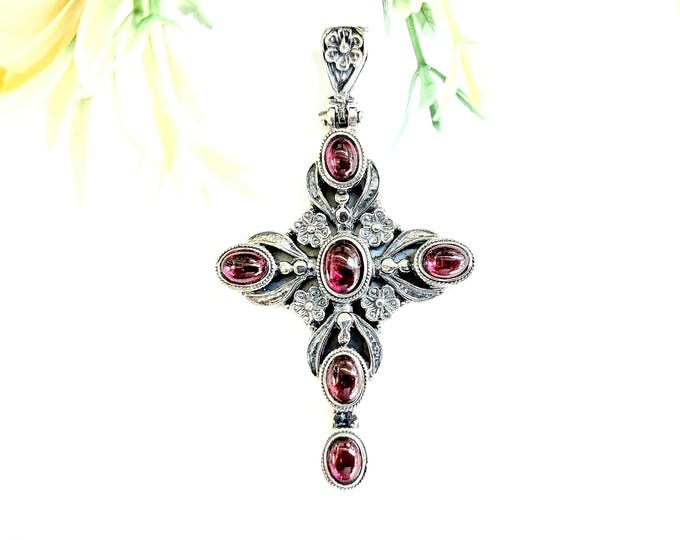 Sterling Silver Byzantine Cross with Garnet Gemstones, Ornate Floral Design Christian Jewelry