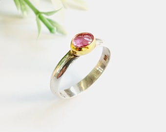 Pink Tourmaline Ring in Silver with 18K Gold Bezel