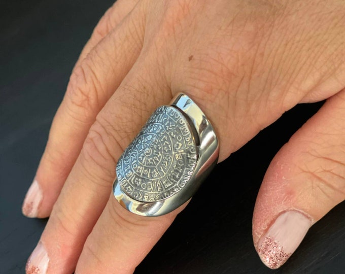 Disc of Phaistos ring in sterling silver 925, Ancient Greek calendar jewelry, symbolic silver ring.