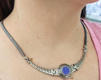 Handcrafted Sterling Silver Necklace with Lapis Lazuli, Greek Key Design and Woven Chain