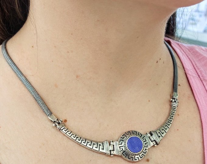 Handcrafted Sterling Silver Necklace with Lapis Lazuli, Greek Key Design and Woven Chain