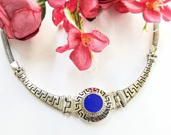Handcrafted Sterling Silver Necklace with Lapis Lazuli, Greek Key Design and Woven Chain