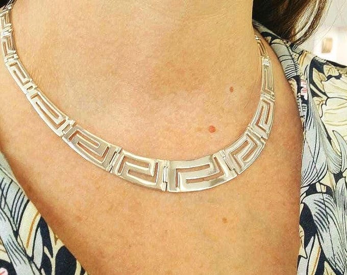Sterling Silver Greek Key Necklace, Solid Meander Design, Tapered Greek Jewelry, Ancient Greek Geometric symbol, Silver Gift for Her