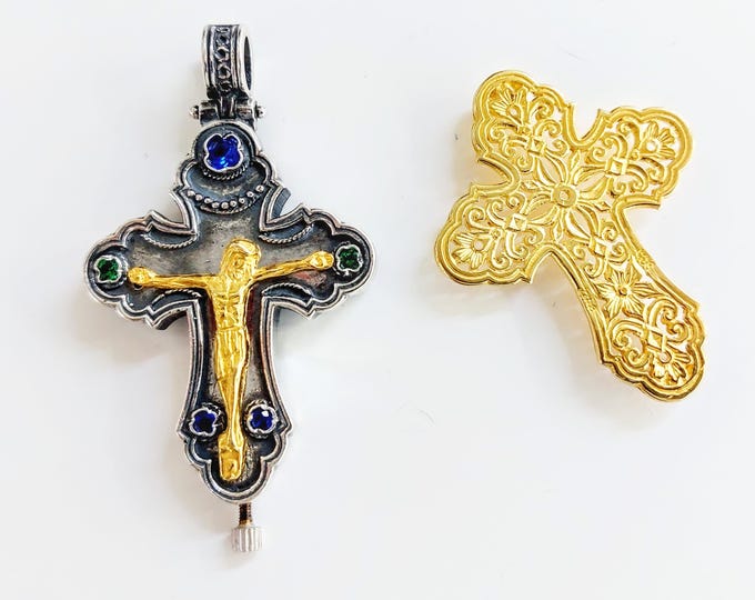 Byzantine Sterling Silver Cross with Gold-Plated Jesus, double sided Relic Cross with Gemstones, Handmade Christian Pendant