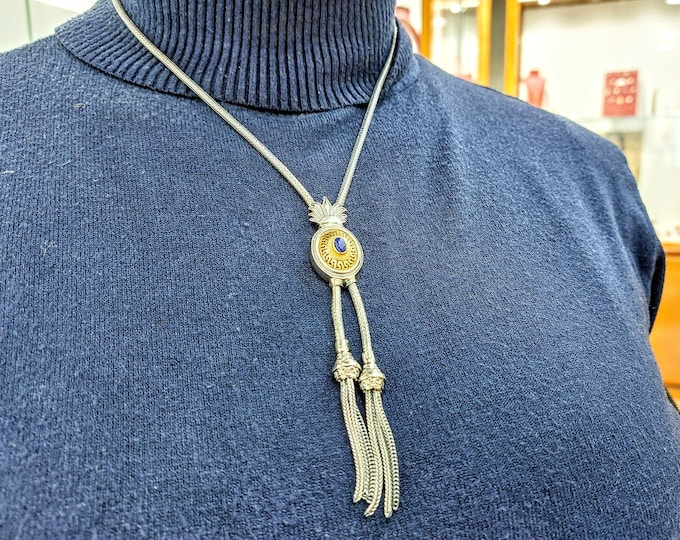 Long Lariat Necklace in sterling silver 925, gold-plated Greek key bezel with lapis lazuli gemstone