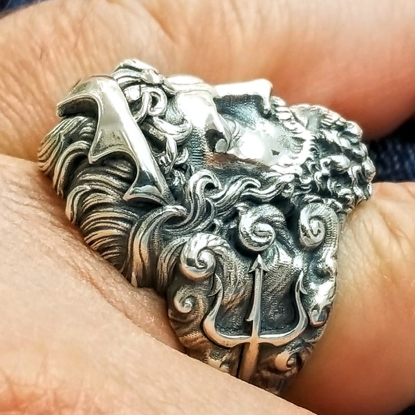 Ocean's Guardian: Handcrafted Silver Poseidon Ring