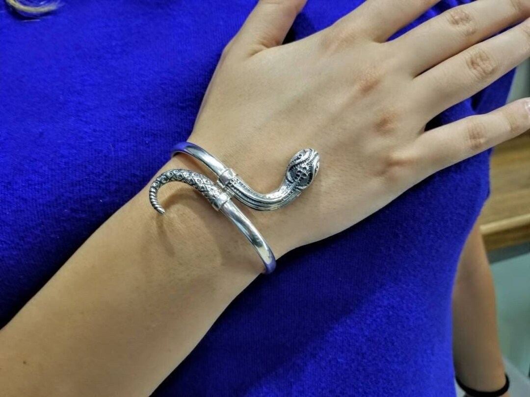 Snake Cuff Bracelet in Solid Sterling Silver 925, Museum Snake Bracelet