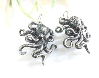 Handmade Octopus Earrings in sterling silver 925, marine-life jewelry, nautical silver earrings