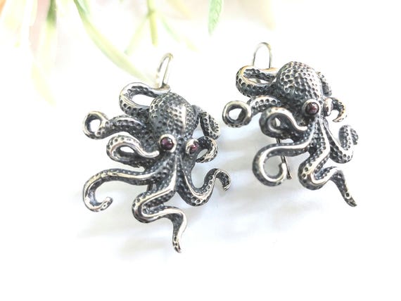 Sterling Silver Octopus Earrings, Textured Drop Dangle, Garnet Eyes, Nautical Jewelry