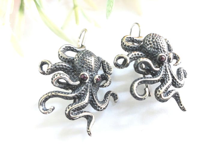 Handmade Octopus Earrings in sterling silver 925, marine-life jewelry, nautical silver earrings