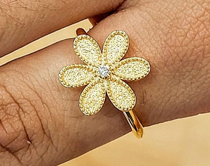 18K Gold Byzantine Ring with Diamond and Rotating Floral Design, Handcrafted Fine Jewelry
