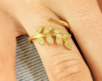 14K Gold Olive Branch Ring, Floral Jewelry