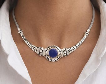 Sterling Silver Necklace with Lapis Lazuli, Greek Key Design Hand-Woven Chain