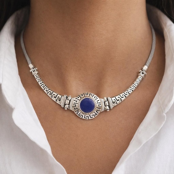 Greek key necklace in sterling silver 925 with a lapis lazuli inlay