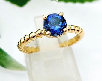 14K Gold London Blue Topaz Ring, Granulated Band