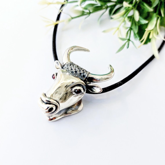 Sterling Silver Bull Pendant Necklace with Garnet Eyes, Taurus Ox Accessory