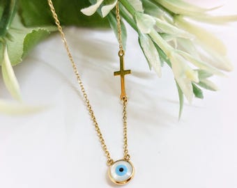 14K Gold Evil Eye Necklace with Cross, amulet jewelry