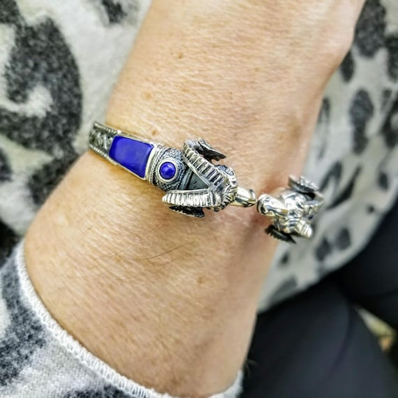 Sterling silver ram head bracelet with lapis lazuli, byzantine style animal jewellery