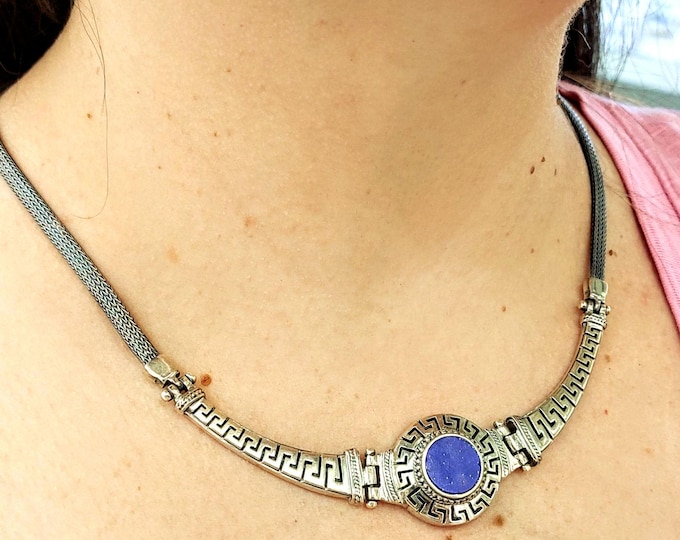 Handcrafted Sterling Silver Necklace with Lapis Lazuli, Greek Key Design and Woven Chain