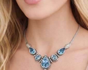 Vintage Style Sterling Silver Blue Topaz Necklace with Handwoven Chain
